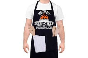 upain Grillschürze Kochschürze Küchenschürze-Hier grillt der Chef persönlich, Lustig Schürze Grillen Kochschürze Baumwoll Küchenschürze Verstellbarem Nackenband Zwei Fronttaschen für Herren Männer