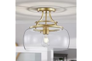 WUZUPS Chandelier Rustic Farmhouse Industrial Round Semi-flushmount Ceiling LED Light Fixture with Clear Glass Shades for Bathroom Kitchen Foyer Entryway, H 30 x W 34, E27 Base, Gold