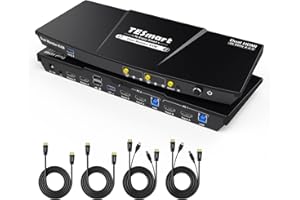 TESmart USB 3.0 HDMI KVM Switch 2 PC 2 Monitor, 4K60Hz Commutateurs KVM Double Moniteur avec émulateur EDID, audio&microphone, USB pour clavier souris scanner imprimante, Hotkey, HDCP 2.2 avec câble×4