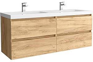 Salgar Mueble de baño Bequia 140 cm con Lavabo 100% montado de fábrica | Acabado Roble suspendido 4 cajones Cierre amortiguado Apertura con uñero | Lavabo 2 pozas Porcelana Blanca | Marca