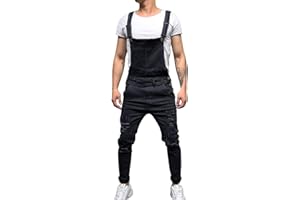 semen Mens Denim Overalls Fashion Ripped Bib Jeans Slim Fittted Jumpsuit with Pockets