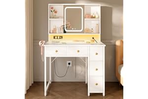 ODK Tocador con Espejo LED Ajustable & Enchufes USB Empotrados & Tira de luz RGB, Mesa de Tocador con 5 Cajones de Tela & Estantes 3 Niveles, Escritorio de Maquillaje Blanco 90×40×139cm