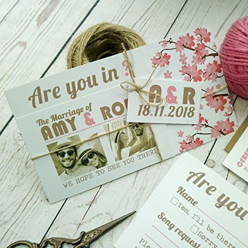 Pink Cherry Blossom Flower Romantic Wedding Invitation Set (Pack of 10)