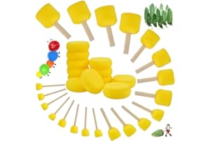 EMAGEREN 32 Pcs Pinceau en Mousse Eponge Peinture Ronde avec Manche Bois 6 Tailles Outils de Peindre Brosse en Mousse et Manche pour Peinture Artisanat Poterie Creative Travaux