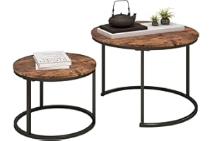 DUMEE Round Coffee Table, Set of 2 Side Table Nesting Table with Steel Frame and Wooden Top, for Living Room, Bedroom, Balcony, (Rustic Brown/Black, Dia 60/40cm)