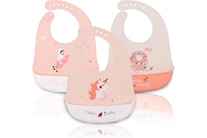 Bluesaly Bibs Silicone Baby, 3PCS Waterproof Adjustable Machine Washable Bibs, Food Grade BPA Free, Feeding Weaning No-Mess for Parents, Pink