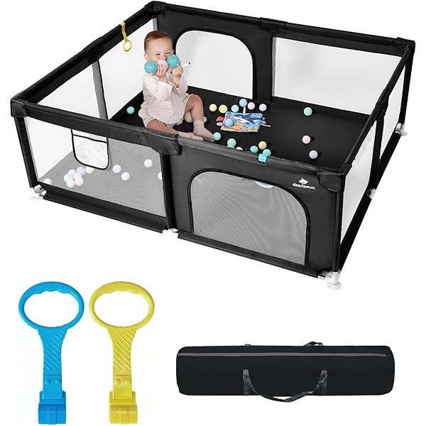 Parc Bébé OHMG Pliable - Grand Espace De Jeu Avec Filet Respirant, 2 Anneaux De Traction + Balles Incluses - Noir 180x120x66 Cm