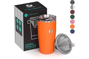 Coffee Gator Insulated Coffee Cup with Paperless Filter, All-in-One Hand Drip Coffee Maker with Filter, Thermal Stainless Steel Travel Cup for Hot Drinks - 585ml / 20oz (Orange)