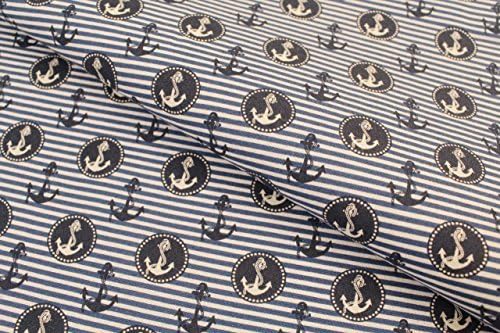 100% COTTON PRINT FABRIC - DAYS BY THE SEA - BOATS / FISH / SHELLS / ANCHORS &amp; STRIPES (1/2 metre, Nautical Stripe - blue)