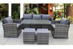 UK Leisure World NEW RATTAN WICKER CONSERVATORY OUTDOOR GARDEN FURNITURE DINING SET CORNER SOFA TABLE (Grey)