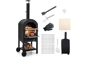 FANTASK Forno per pizza per esterni con termometro integrato, forno per pizza a legna con pratico manico, ruote, coperchio impermeabile e cassetto raccogli cenere