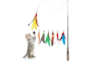 Pawaboo interaktywna zabawka dla kota z piórą, zestaw 7 wysuwanych, pływająca różdżka z piórami, bardzo długa, 96 cm z małym dzwonkiem, zabawny kij do ćwiczeń z nicią myśliwską, kolorowe paski