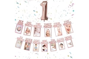 VOLSHA 1st Birthday Baby Photo Banner for Newborn to 12 months, Monthly Milestone Photograph Bunting Garland, First Birthday Celebration Decoration with A NO. 1 Rose Gold Balloon