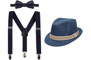 IWEMEK Kid Y-Back Adjustable Brace Suspender Pre-Tied Bowtie Short Trim Fedora Hat 3PCS Outfit for Boys/Girls