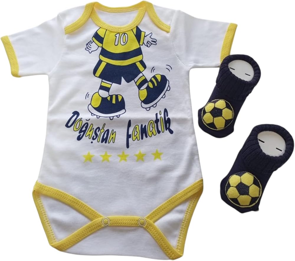 Hoşgeldin Bebek, Yenidoğan Unisex Bebek, Sarı Lacivert Fanatik Taraftar Badi ve Aksesuarlı Çorap Hediye Seti (0-3 AY)