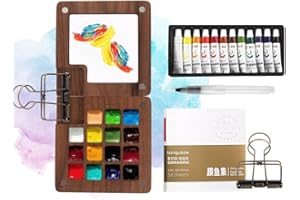 RANJIMA Mini kits de peinture aquarelle, 12 couleurs, palette portable, carnet de croquis, palette magnétique avec clip, mini palette en bois, pliable pour peintres, artistes, étudiants