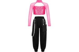 Aiihoo Kids Girls Street Hip Hop Dance Outfit Long Sleeve Sequins Ballet Crop Top with Chain Jogger Cargo Pants Set Tracksuit