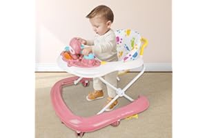 HUOLE Trotteur Bébé Garçon Fille Evolutif 3 en 1, Trotteur Marche Bebe Pliable avec 3 Hauteur Réglable, Siège et Plateau Amovible, Tout-petits 6+ Mois, Charge 12KG-62 * 68 * 36-81cm -Rose