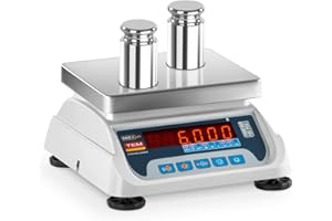 TEM Balance Poids-Prix Commerce Marché TEKO+LED06T-PLS-B1 (Calibrée, 3 kg/6 kg, 1g/2 g, Écran LED, Batterie jusqu’à 40h, Différentes fonctions)