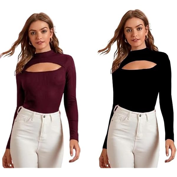 Buy VRATIKA Women's Cutout Front T Shirt,Long Sleeve Mock