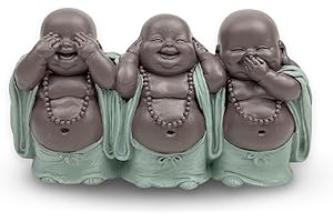 Figura de 3 Bonzes Sabiduría – Decoración Zen y Feng Shui – para Crear un Ambiente Relajante y Espiritual – Idea de Regalo de Amuleto – Ancho: 15,5 cm – Color: Verde y marrón – Zen'Light