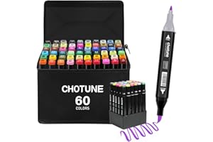 CHOTUNE Rotulador de 60 Colores, Marcadores Permanente, Rotuladores de Punta Pincel, Mezcla Fácil para Esbozo e Ilustración con Bolso y Base Negros