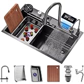 Vielseitige Edelstahl Single-Bowl K chenarbeitsplatz Waschbecken Single-Bowl K chenarbeitsplatz Waschbecken Mit Display Bildschirm Wasserfall Pull-Down Wasserhahn Und Komplettes Zubeh r Set Color