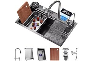 GMTSTORE Fregadero De Estación De Trabajo De Cocina De Tazón Único De Acero Inoxidable Multifuncional Fregadero De Mesa De Trabajo De Cocina De Tazón Único con Pantalla De Visualización (Color : Negro, S : 6