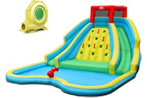 COSTWAY OP70081DE + OP70458DEDE Nadmuchiwany zamek dmuchany z dwoma zjeżdżalniami wodnymi, ścianką do wspinaczki i armatą wodną, basen do zabawy, zjeżdżalnia do parku wodnego, brodzik 518 x 366 x 229 cm (z dmuchawą)