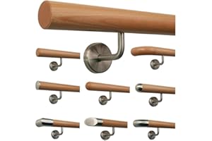 TIBU Buche Geländer Handlauf Treppe Holz Griff gew. Edelstahlhalter, Länge 30 - 500 cm aus einem Stück / Variante:380 cm mit 5 Halter gefast