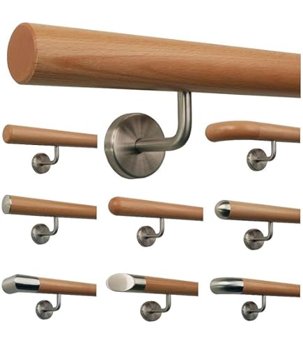 Oak Handrail Set 45mm Length 1m Including Stainless Steel End Caps And 2 Brackets