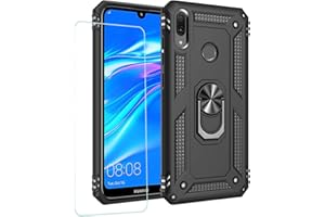JOYTAG Hülle für Huawei Y7 2019 handyHülle+ Gehärtetes Glas Schutzfolie Silikon TPU 360 Grad Drehring aus Halter magnetisch Autotelefon case-Schwarz