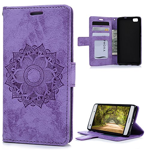 Funda Libro Huawei P8 Lite 2015  Funda Billetera  Lanveni Carcasa de Impresi  n Cuero PU con Carcasa TPU Interna  Cierre Magn  tico y Funci  n de Soporte  Dese  o de t  tem - Funda Violeta   L  piz capacitivo   Tap  n antipolvo 
