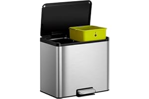 EKO Cubo de Basura 2 Compartimentos 15L + 15L Esencial, Cubo De Basura Reciclaje Acero Inoxidable, Ideal para Cocina, con Pedal y Cierre Suave Cubos De Basura De Reciclaje