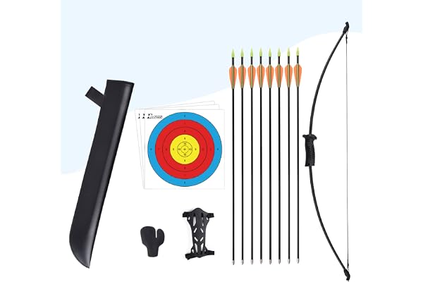 Elong Recurve Arc et Flèche Set Outdoor Jeunes Junior Tir à l'arc débutant Entraînement comprend 8 flèches, protège-bras, carquois de cible, languette pour les doigts