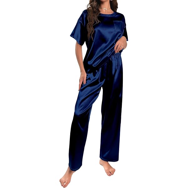 KBOPLEMQ Pigiama corto da donna, in raso, a maniche corte, con bottoni, set da notte, pigiama da donna, in due pezzi, pigiama, O blu., XXL
