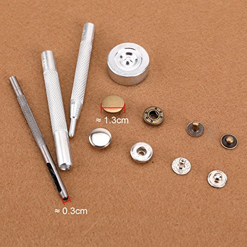 50 Set 12,5mm Metall Druckknöpfe Silber Altgold & 4tlg Werkzeug Locheisen Handschlageisen nähfrei Leder Kunstleder mit Aufbewahrungsbox - 3