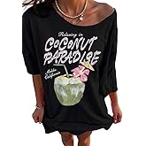SXV STYLE Women's Casual Letter Print Asymmetric Neck Loose Short Sleeve T-Shirt,