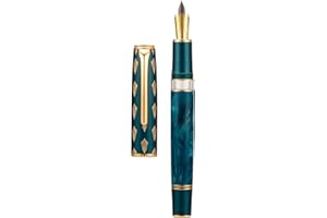 ASVINE Hongdian N7 Blue Peacock Resin Piston Fountain Pen, Iridium Long Blade Fine Nib Classic Pen, Smooth Writing Pen with Metal Box