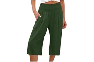 KUIH 3/4 Shorts for Women UK Summer Comfy Cotton Linen Shorts Wide Leg High Waist Straight Shorts with Pockets Hiking Outgoing Shorts Trousers Breathe Beach Shorts UK Size 8-18