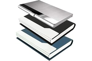 CKANDAY 3 Pack Professional Business Card Holders,1 Pcs Stainless Steel & 2 Pcs PU Leather Silking Protective Pocket Case with Magnetic Shut and Metal for Name ID Card Men Women - Black Blue Silver