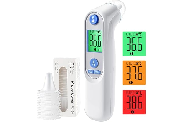 Viproud Thermomètre Auriculaire Haute Précision pour bébé, Thermomètres Médicaux et accessoires | Mesure rapide en 1 seconde | Indicateur sonore de fièvre | 21 Embouts pour thermometre bebe (Blanc)