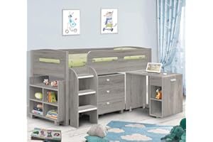 happybeds Kimbo Sleep Station Children Kids Cabin Bunk Bed Storage Drawers 3' Single 90 x 190 cm (3FT - Spring Mattress, Grey Oak)