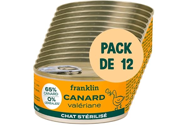 Franklin – Pâtées Chat Adulte sans Céréales – 12x100g – 66% de Viande – Contrôle du Poids – Format canette – Canard, Valériane