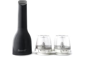 FinaMill - Molinillo de pimienta y molino de especias con pilas galardonado en uno, tamaño ajustable, operación One Touch con luz LED, incluye 2 cápsulas ProPlus de cambio rápido