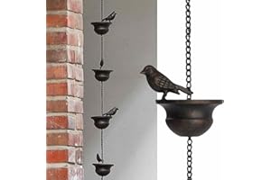 RUILONGHAI Rain Catcher Chain - Birds on Cups Gutter Downspout Mobile,Birds on Cups Rain Chimes Gutter Downspout, Rain Chimes with Attached Hanger and 8 Birds for Divert Water Away, Gift for Housewarming