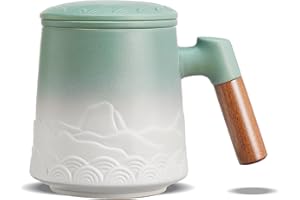 ZENS Tasse à Thé avec Infuseur et Couvercle, 500 ML – Tasse en Céramique Gaufrée pour Thé en Feuilles, Poignée en Bois – Mug avec Filtre pour Amateurs de Thé, vert matcha