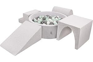 KiddyMoon Area di Gioco in Schiuma con Tondo Piscina di Palline (300 Palline) per Bambini, Grigioch:Bianco/Grigio/Menta
