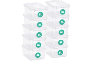 SmartStore 8L - Cajas de almacenamiento de plástico con tapas, 10 unidades, transparentes y apilables, aptas para el contacto con alimentos, cierre de clips, 34 x W 25 x 16 cm