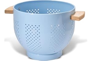 beifeier Passoire Cuisine Avec Manche en Bois et Base Stable, 29 x 22 x 18 cm, Poudre Sûr Alimentaire Enduite, Grande Passoire Métal pour Pâtes, Légumes et Fruits​ (bleu)